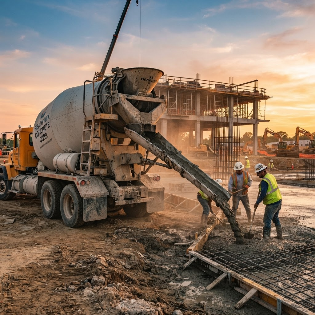 Caminhão betoneira despejando concreto usinado em uma obra ao entardecer